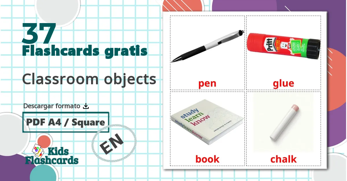 37 tarjetas didacticas de Classroom objects