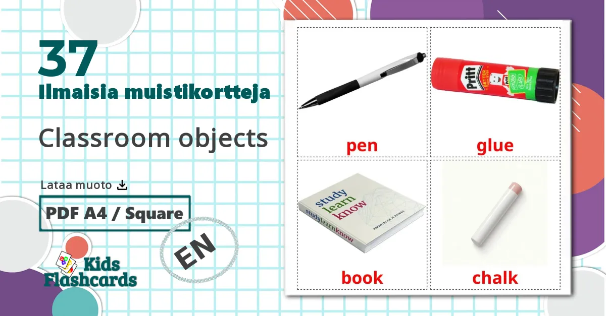 37 Classroom objects lasten kuvakortit