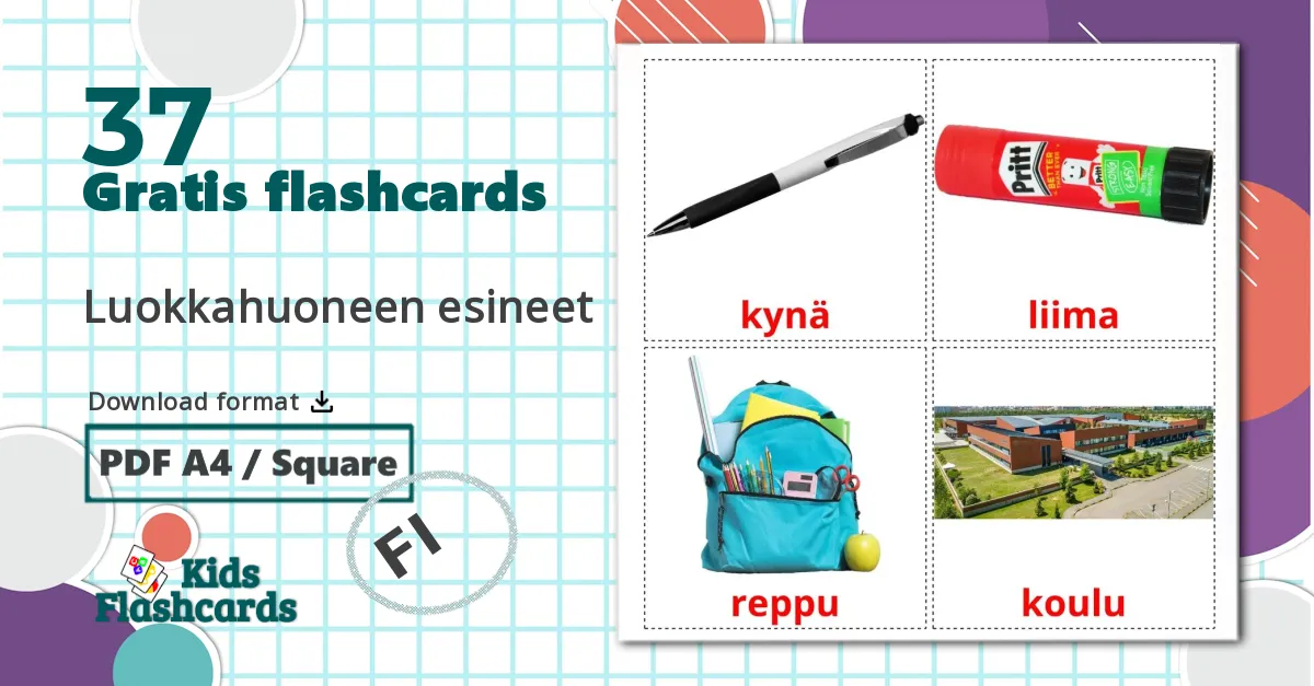 37 Luokkahuoneen esineet billedkort for børn