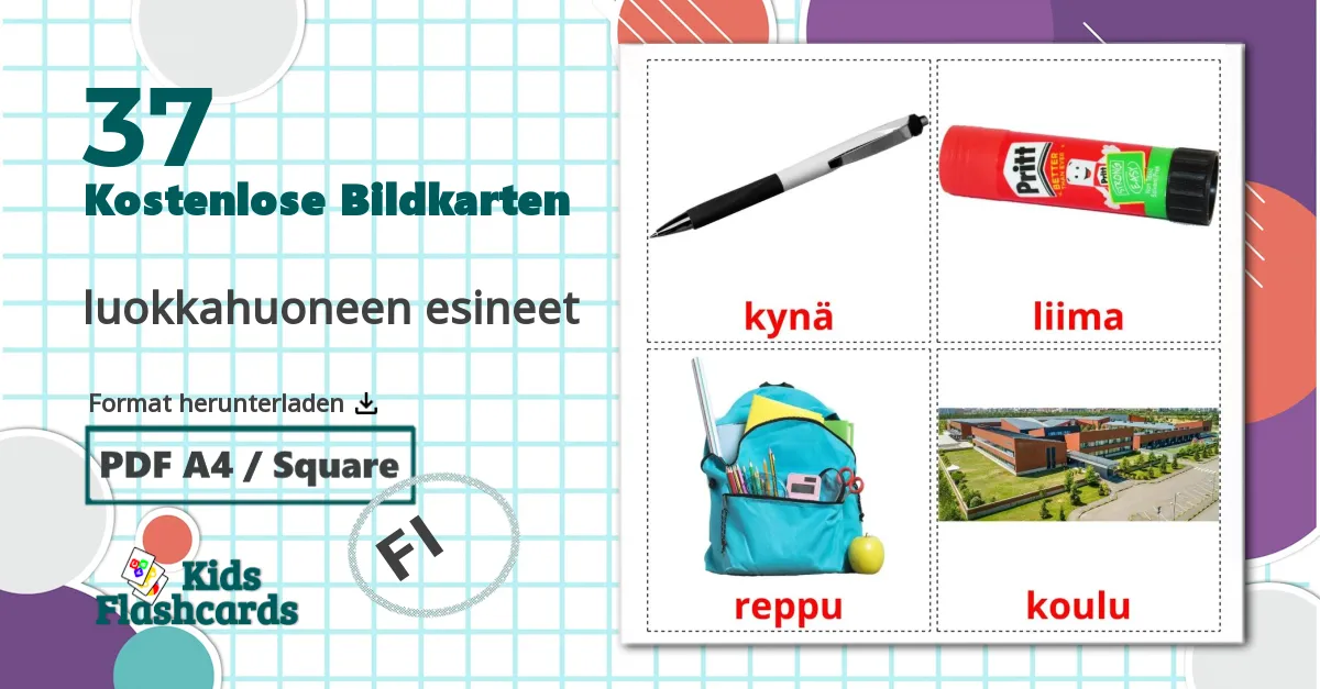 37 Bildkarten für luokkahuoneen esineet