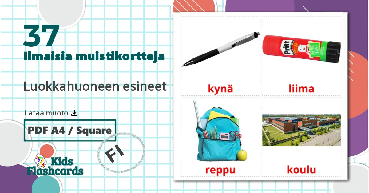37 Luokkahuoneen esineet lasten kuvakortit