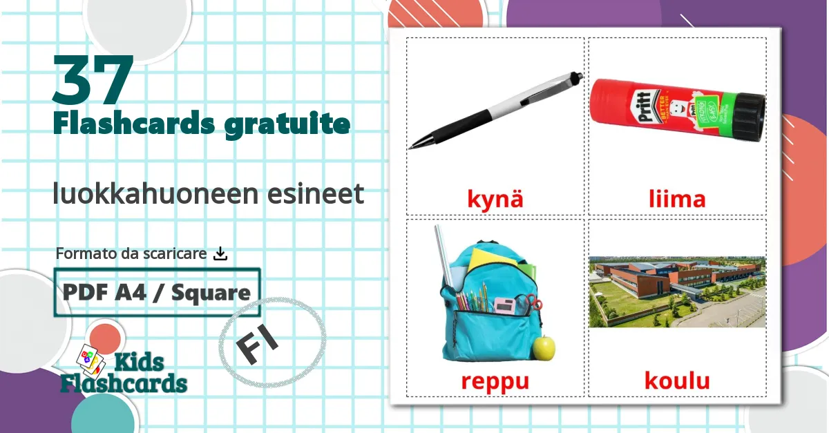 37 flashcards di luokkahuoneen esineet