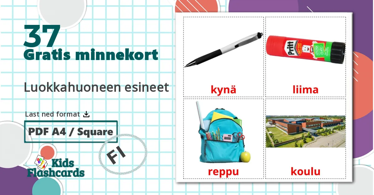 37 Luokkahuoneen esineet bildekort