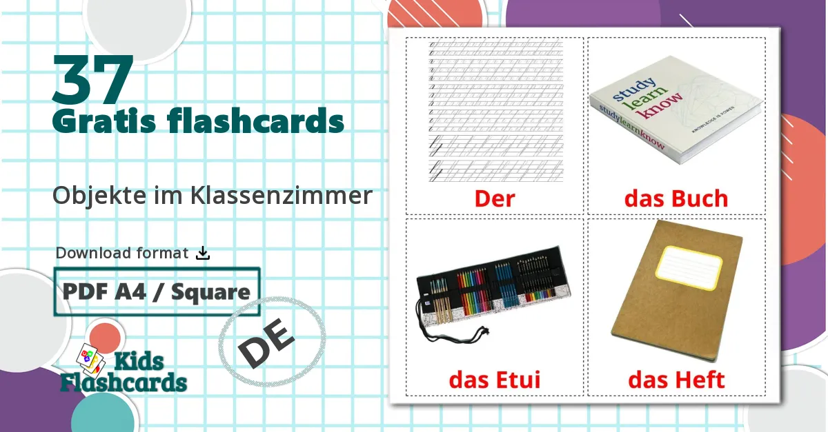 37 Objekte im Klassenzimmer billedkort for børn
