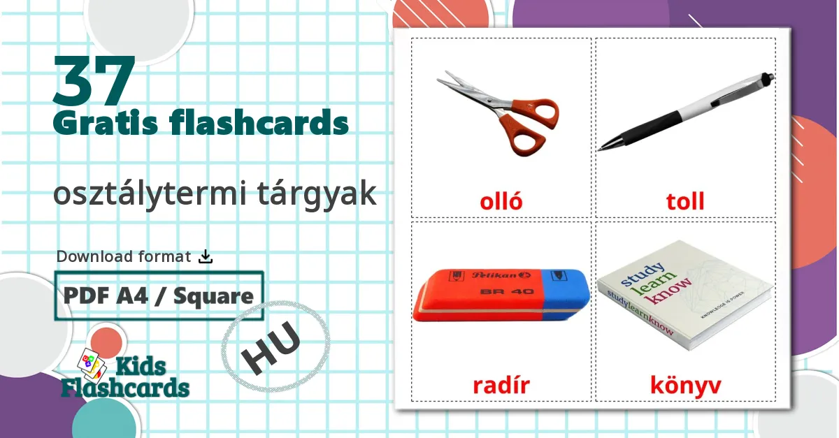 37 osztálytermi tárgyak billedkort for børn
