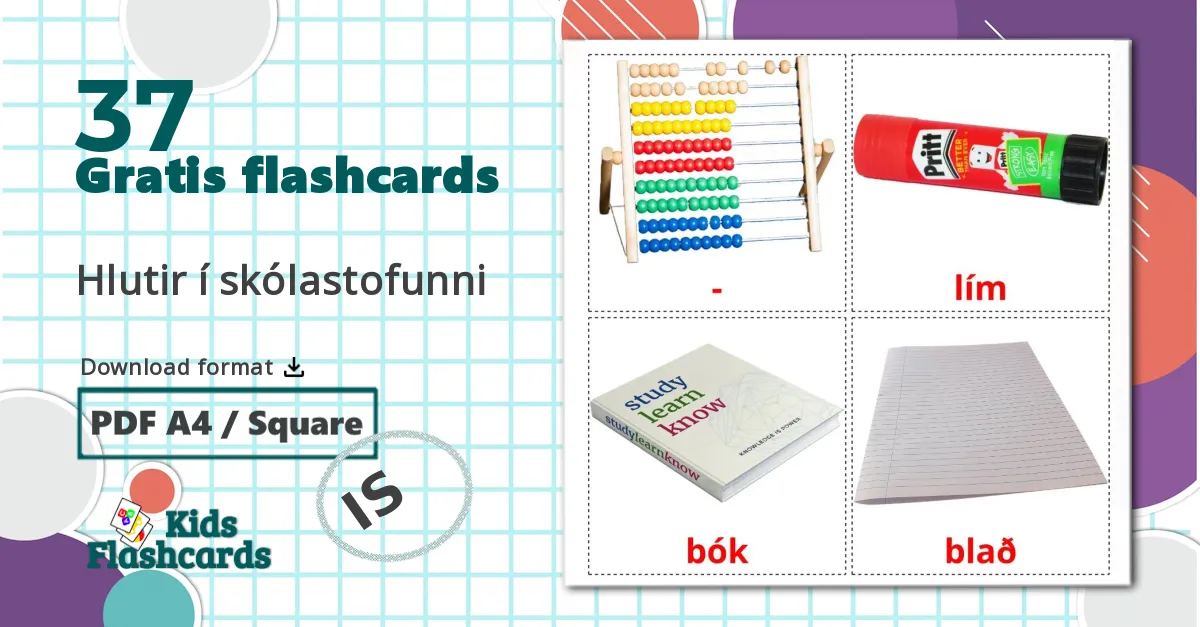 37 Hlutir í skólastofunni billedkort for børn