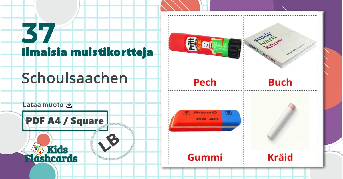37 Luokkahuoneen esineet lasten kuvakortit