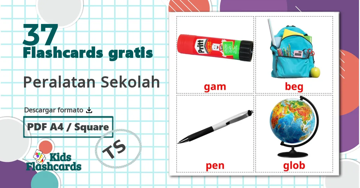 37 tarjetas didacticas de Peralatan Sekolah