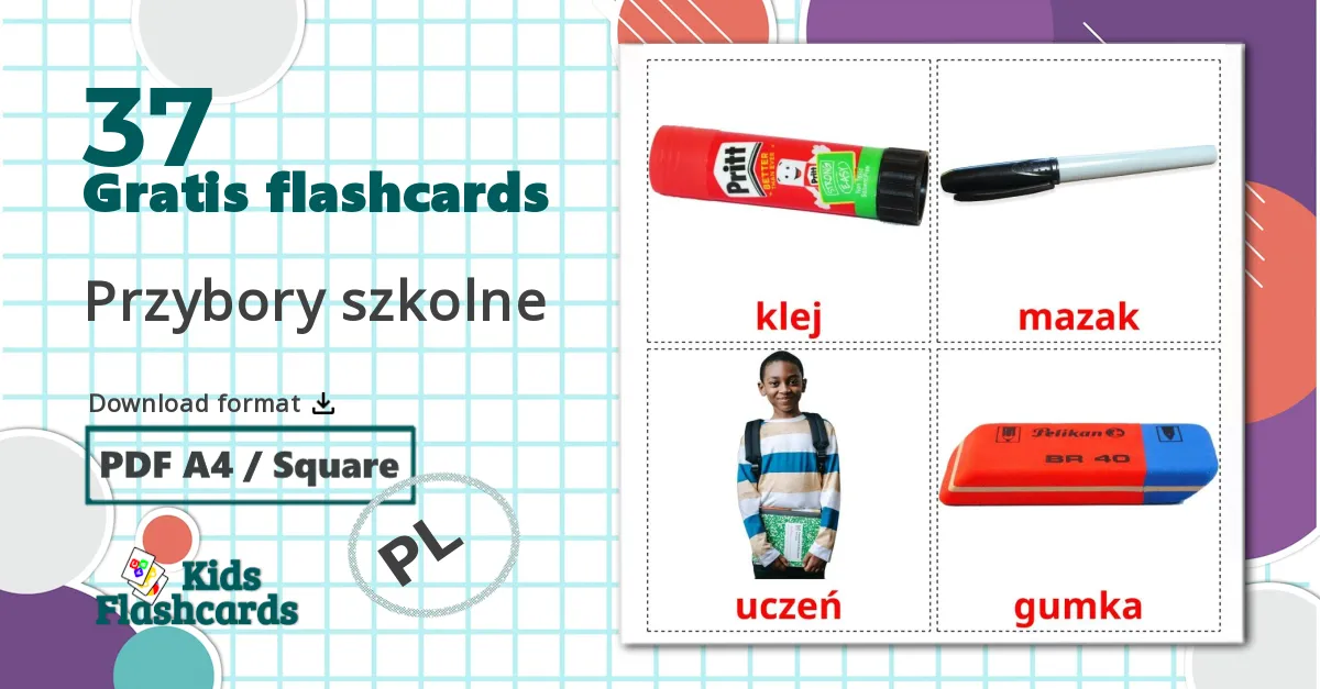 37 Przybory szkolne billedkort for børn