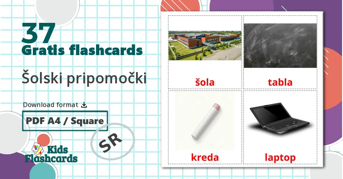 37 Šolski pripomočki billedkort for børn