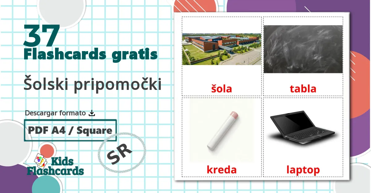 37 tarjetas didacticas de Šolski pripomočki