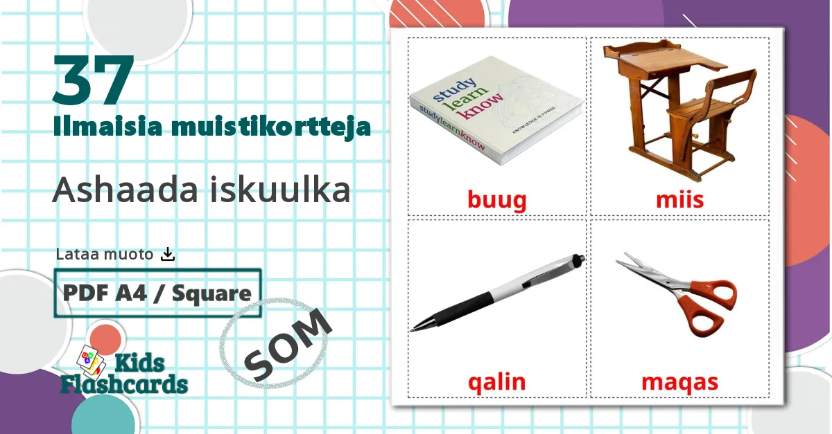 37 Ashaada iskuulka lasten kuvakortit