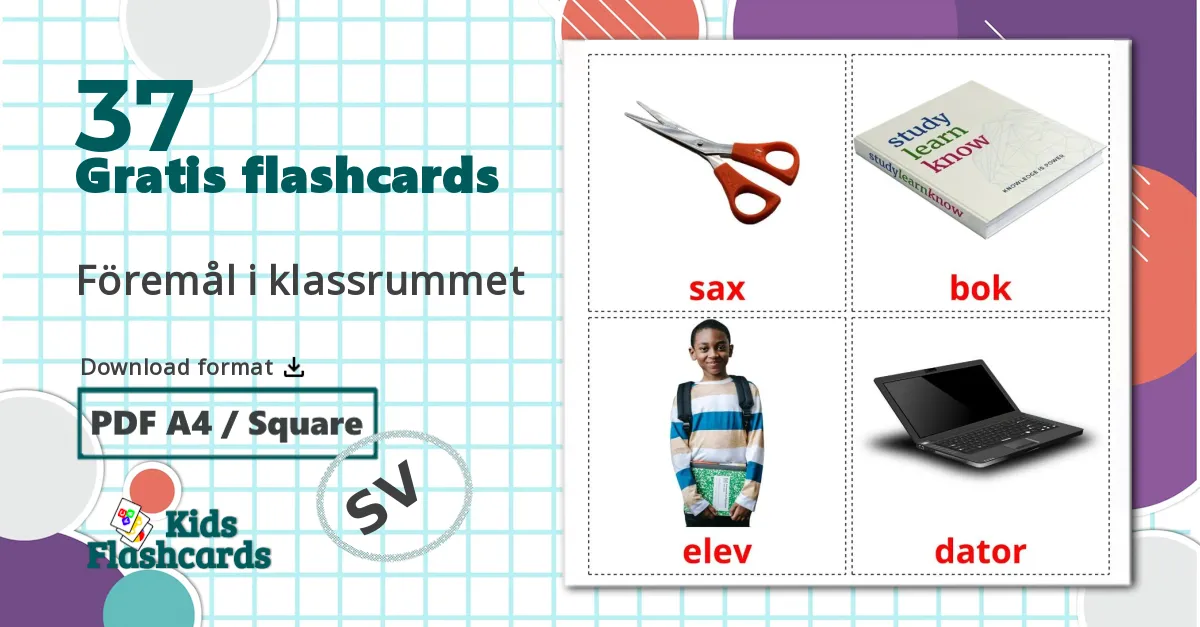 37 Föremål i klassrummet  billedkort for børn