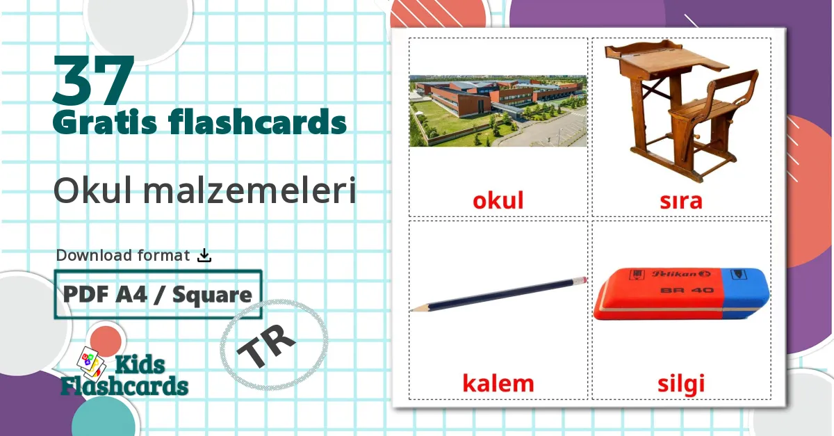 37 Okul malzemeleri billedkort for børn