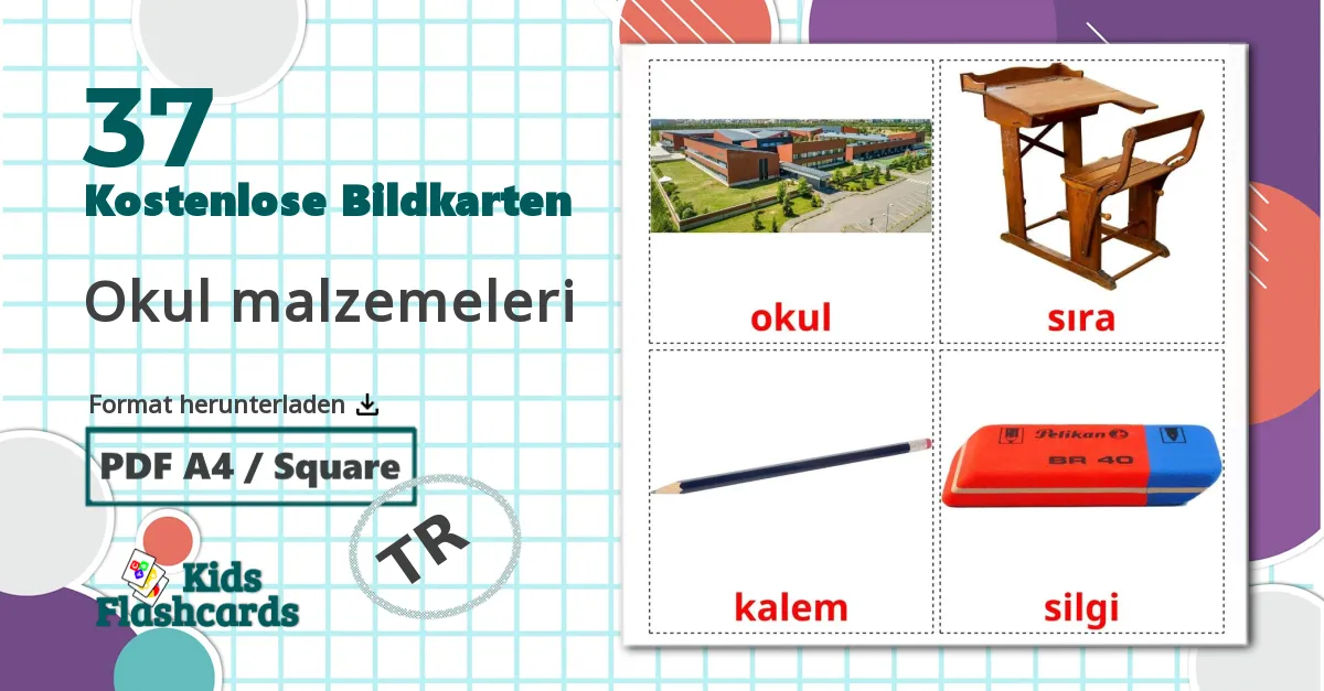 37 Bildkarten für Okul malzemeleri