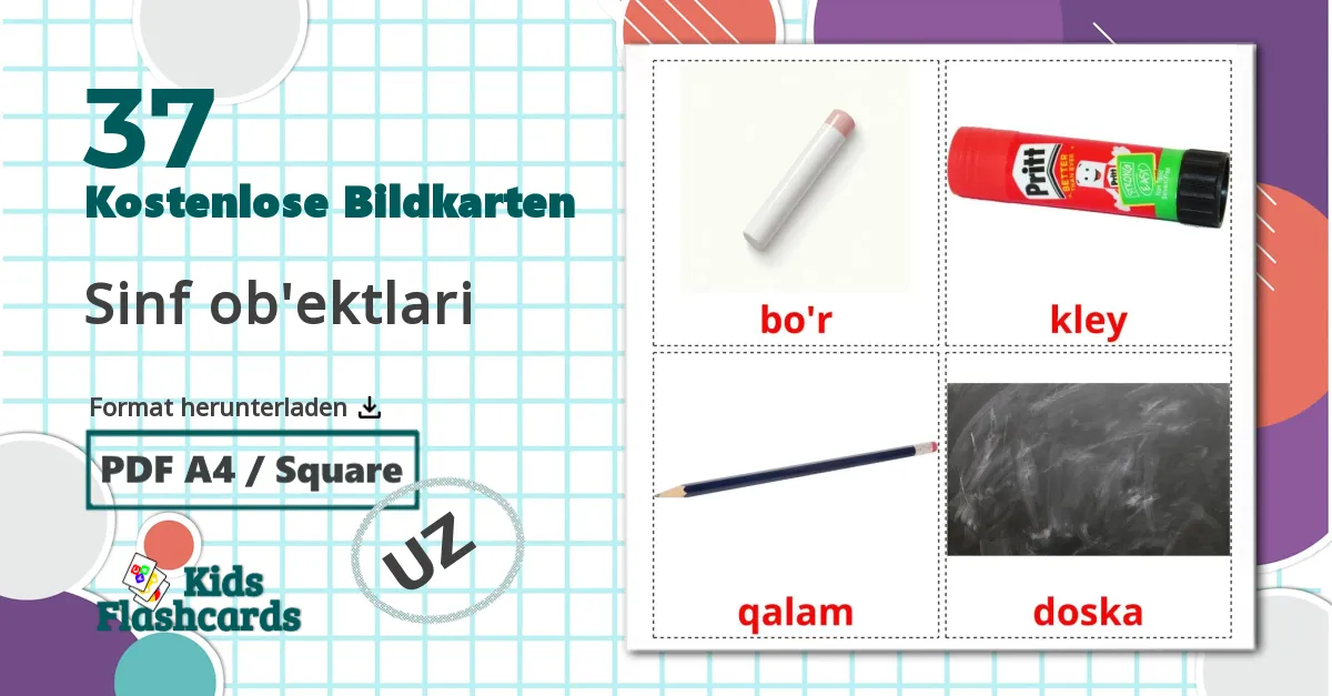 37 Bildkarten für Sinf ob'ektlari