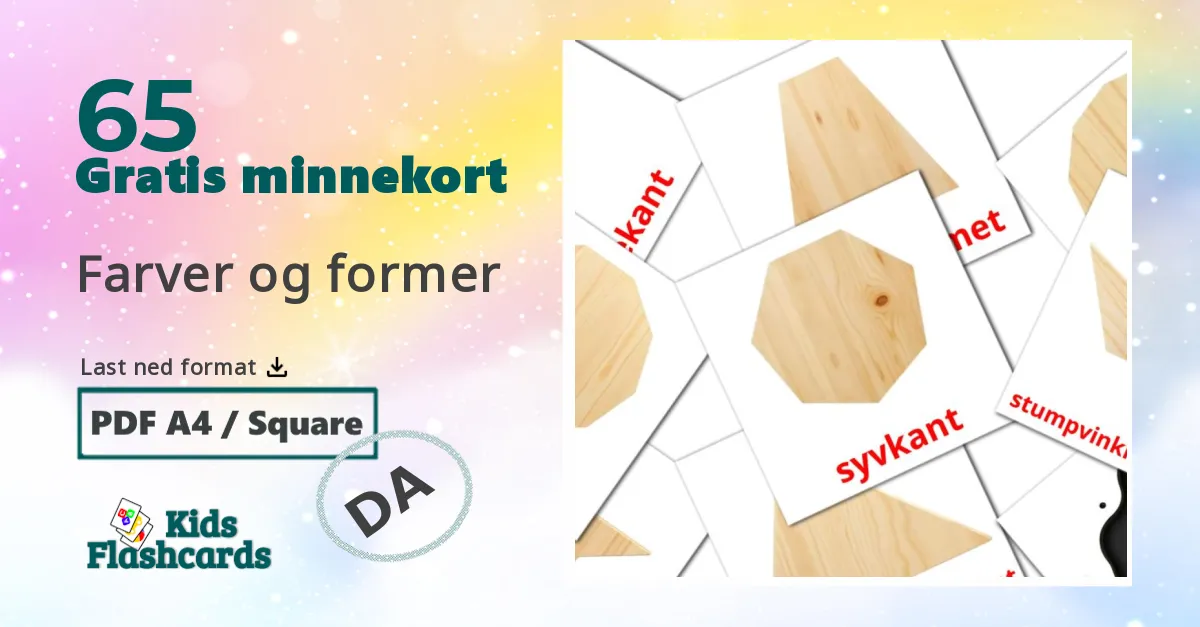 Farver og former bildekort for barn på dansk