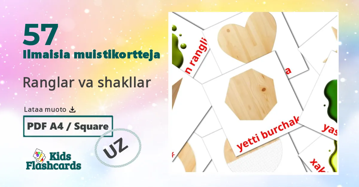 Ranglar va shakllar – lasten kuvakortit uzbekkiksi sanastoon