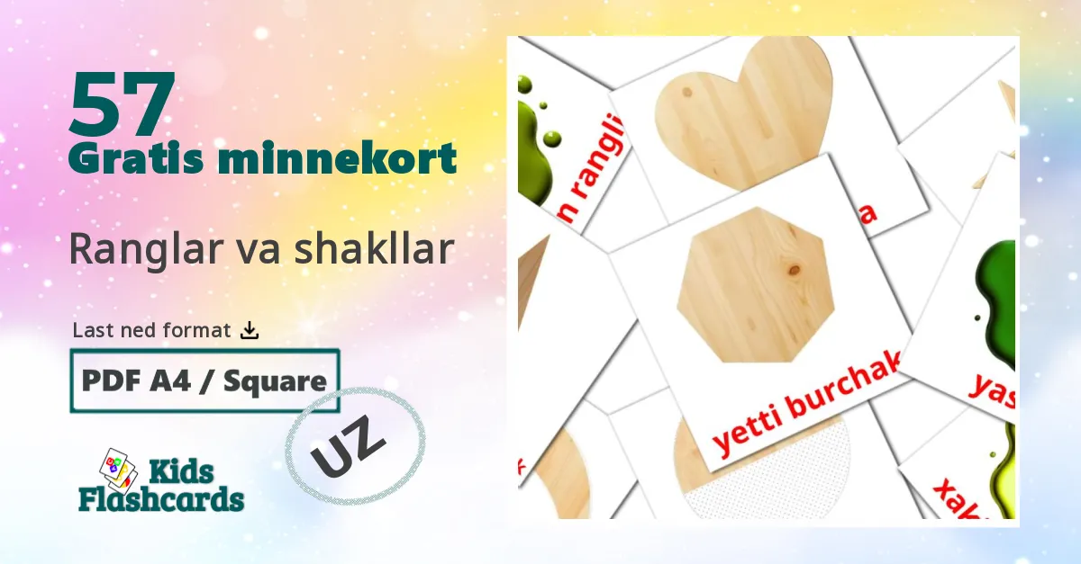 Ranglar va shakllar bildekort for barn på uzbek