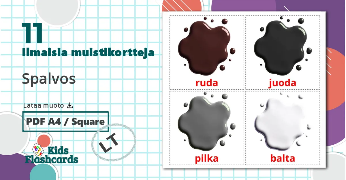 11 Spalvos lasten kuvakortit