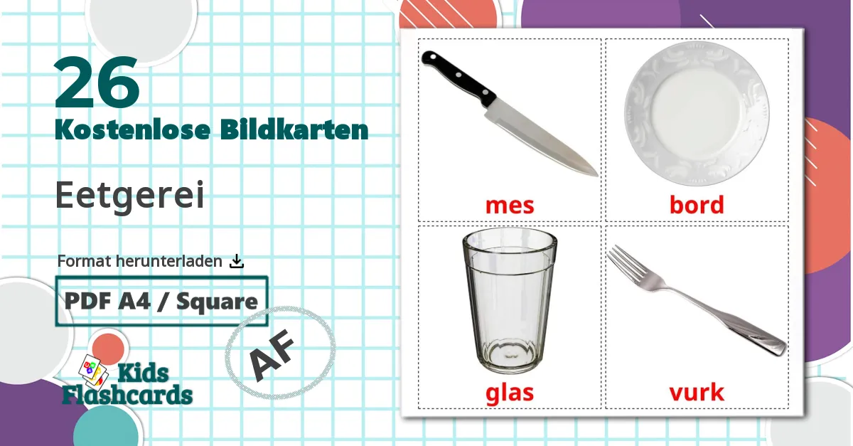 Geschirr und Besteck - Afrikaans Vokabelkarten