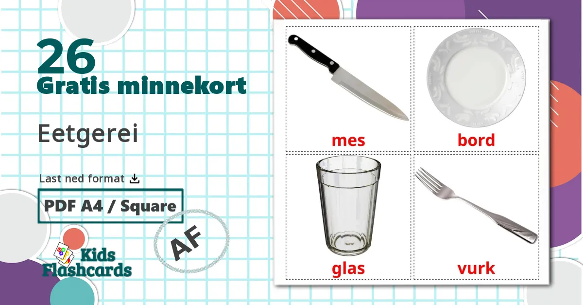 Servise og bestikk - Ordforrådskort for afrikaans