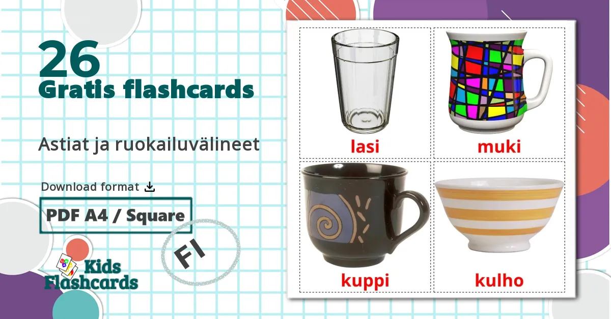 26 Astiat ja ruokailuvälineet billedkort for børn