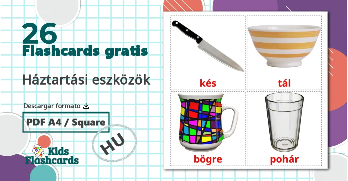 26 tarjetas didacticas de Háztartási eszközök