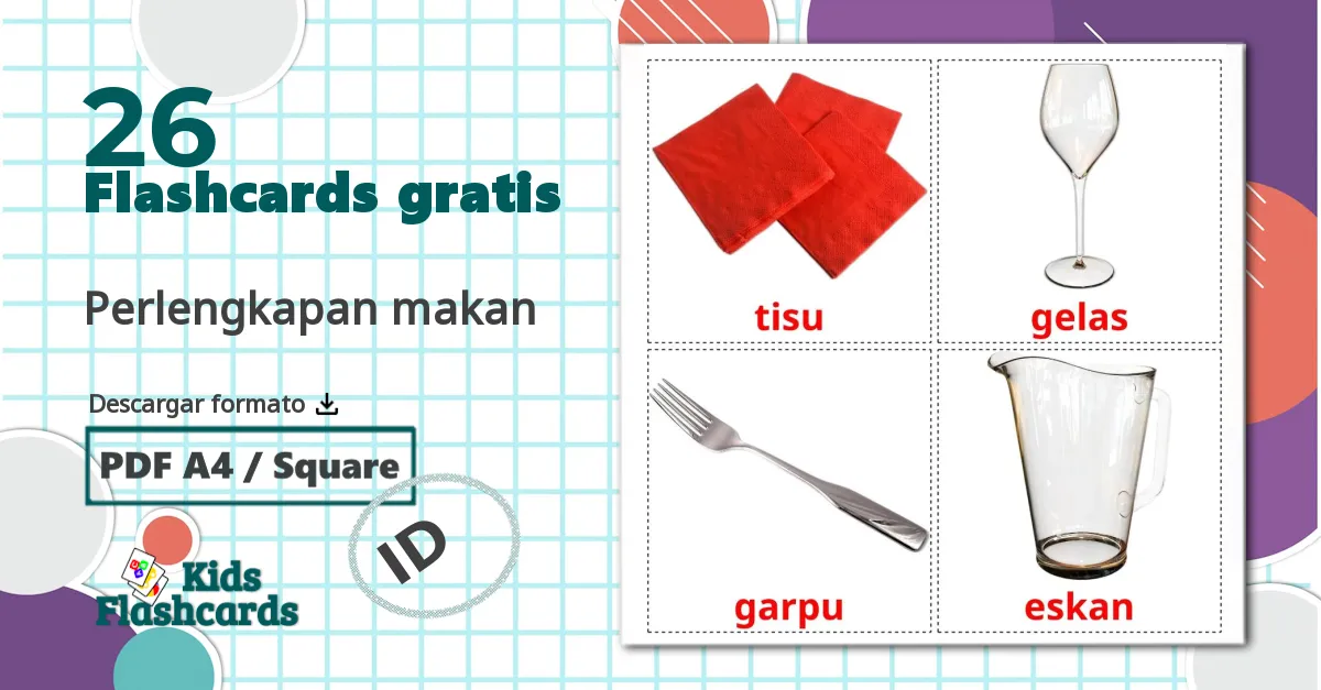 26 tarjetas didacticas de Perlengkapan makan