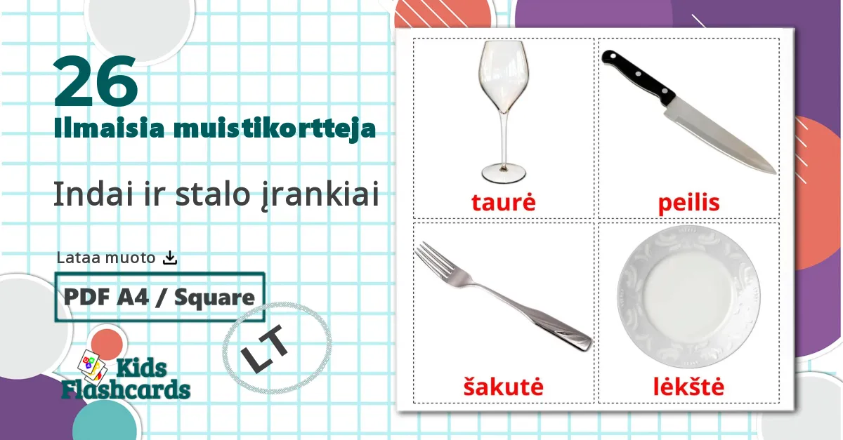 26 Indai ir stalo įrankiai lasten kuvakortit