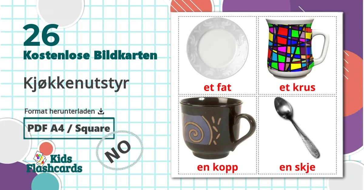 26 Bildkarten für Kjøkkenutstyr