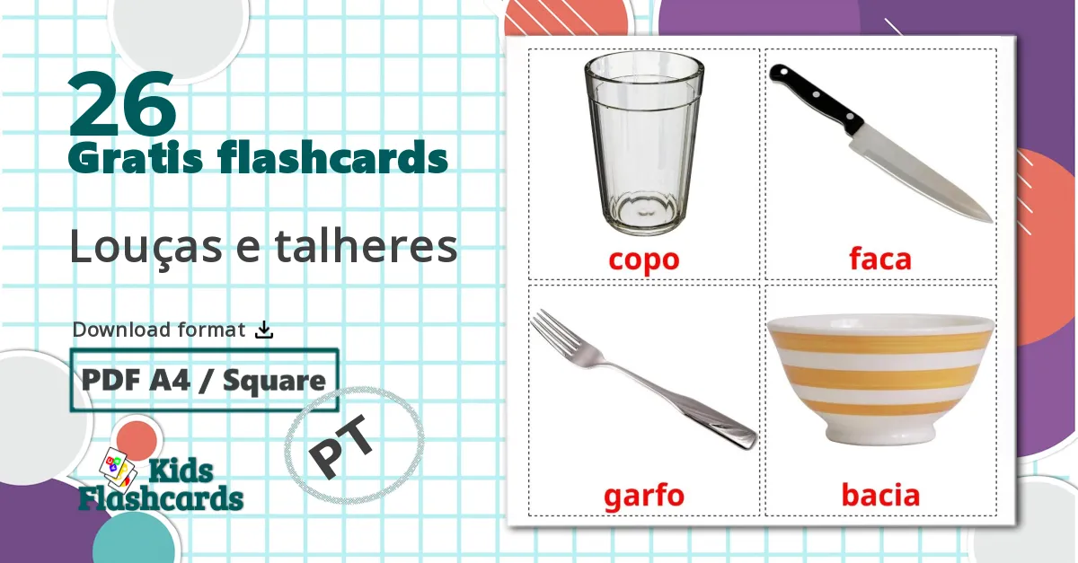 26 Louças e talheres billedkort for børn