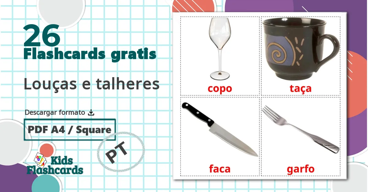 26 tarjetas didacticas de Louças e talheres