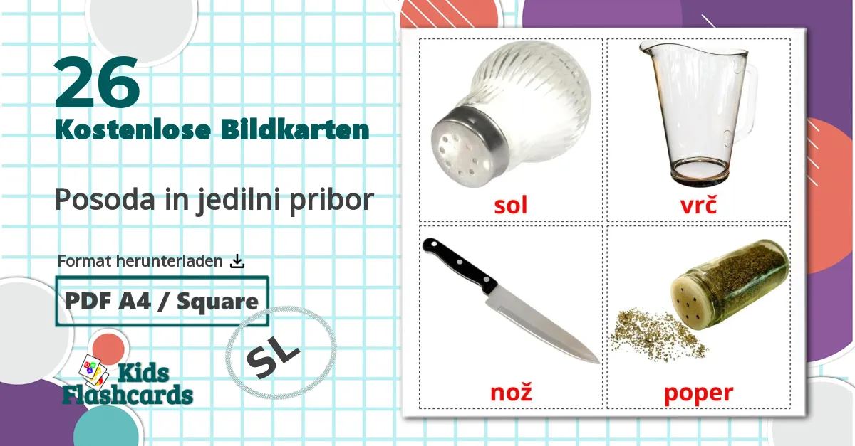 26 Bildkarten für Posoda in jedilni pribor