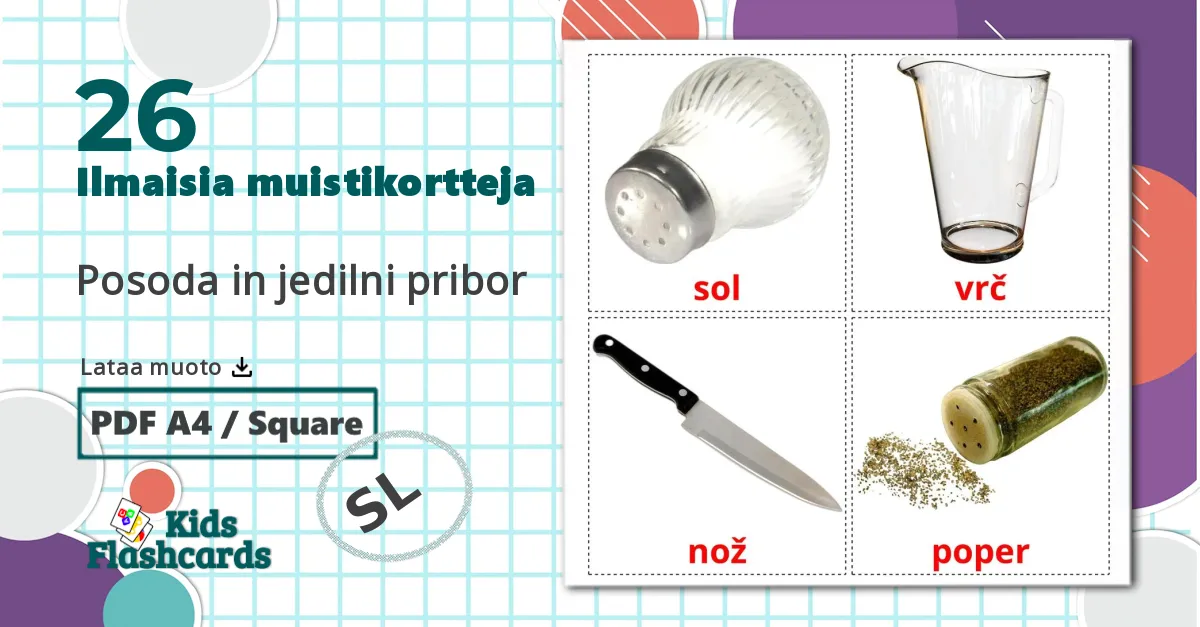 26 Posoda in jedilni pribor lasten kuvakortit
