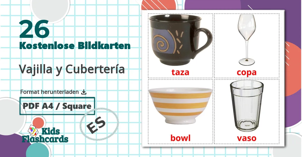 26 Bildkarten für Vajilla y Cubertería