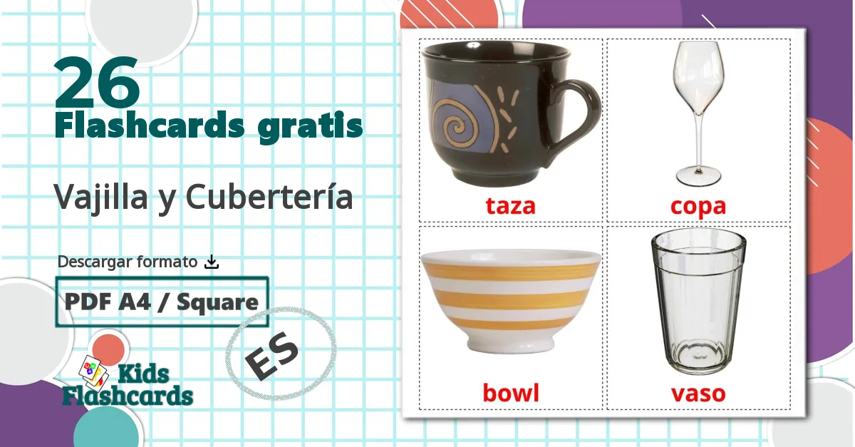 26 tarjetas didacticas de Vajilla y Cubertería