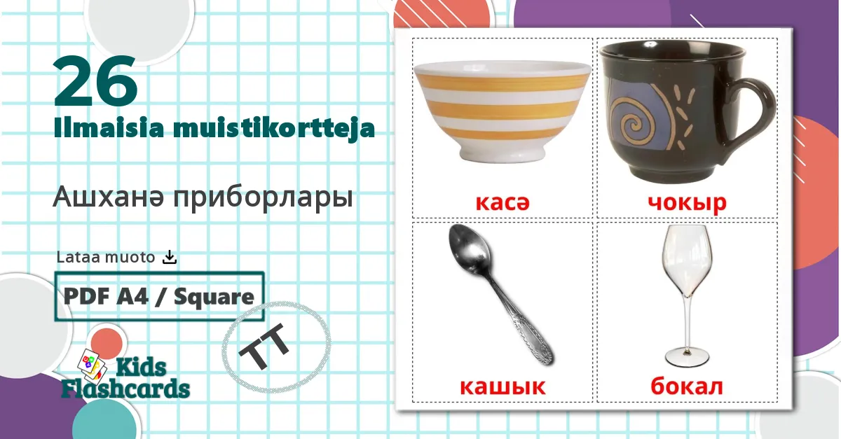 26 Astiat ja ruokailuvälineet lasten kuvakortit