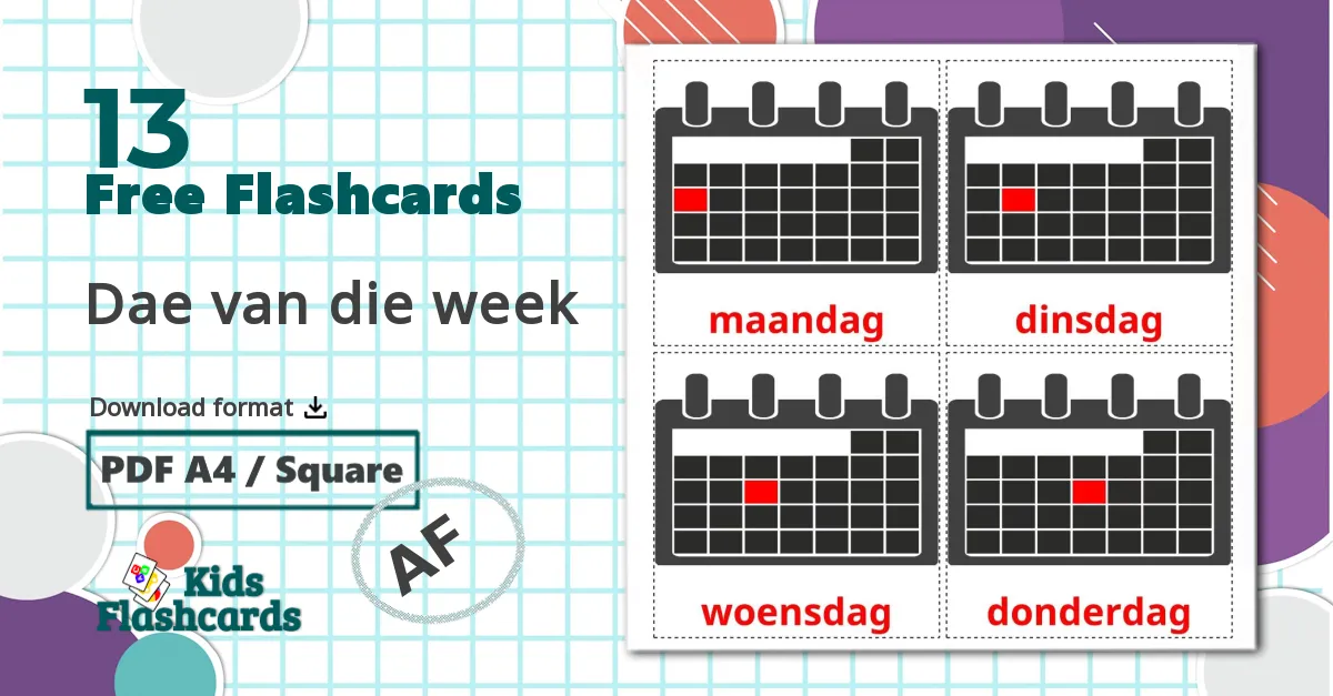 12 tarjetas didacticas de Dae van die week