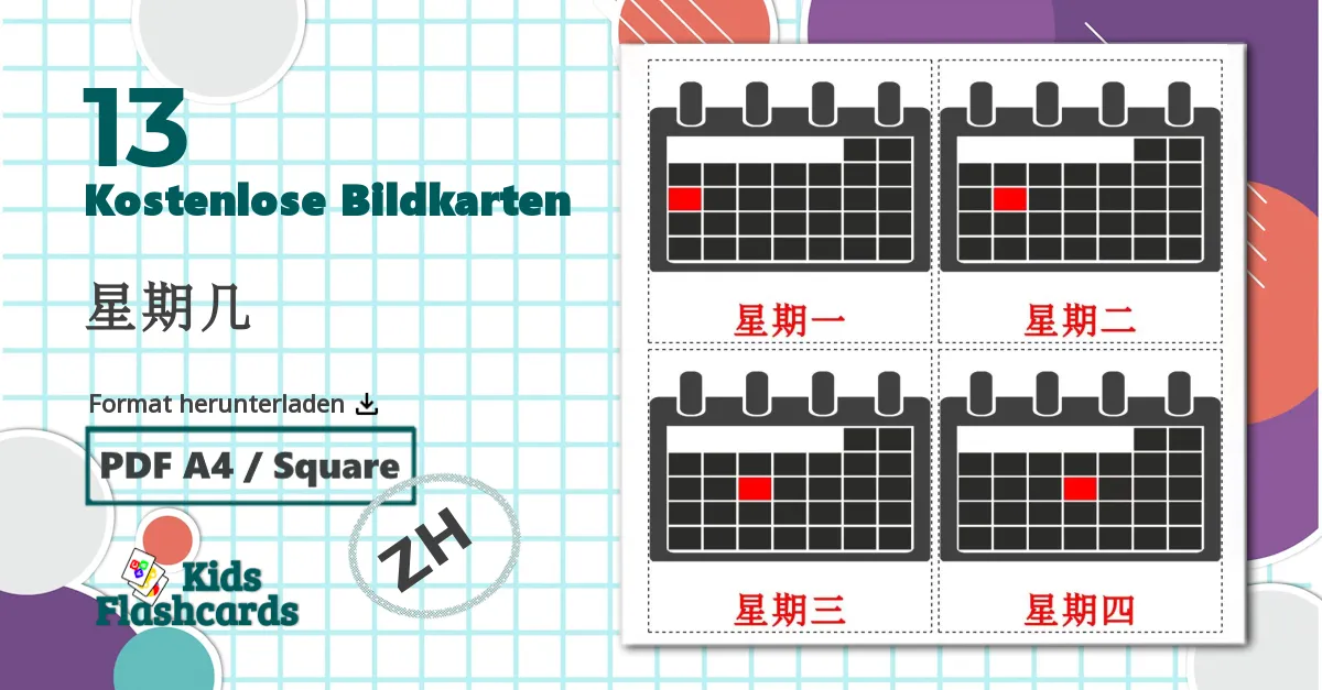 13 Bildkarten für Wochentage