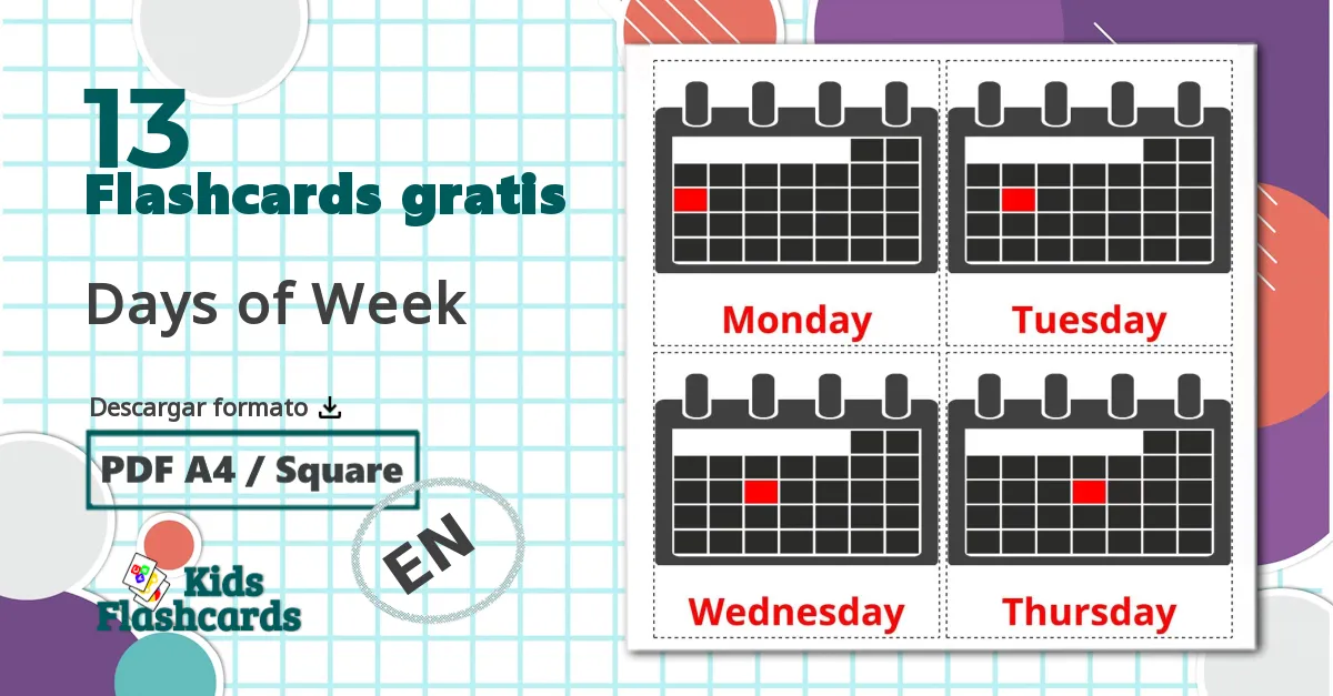 13 tarjetas didacticas de Days of Week