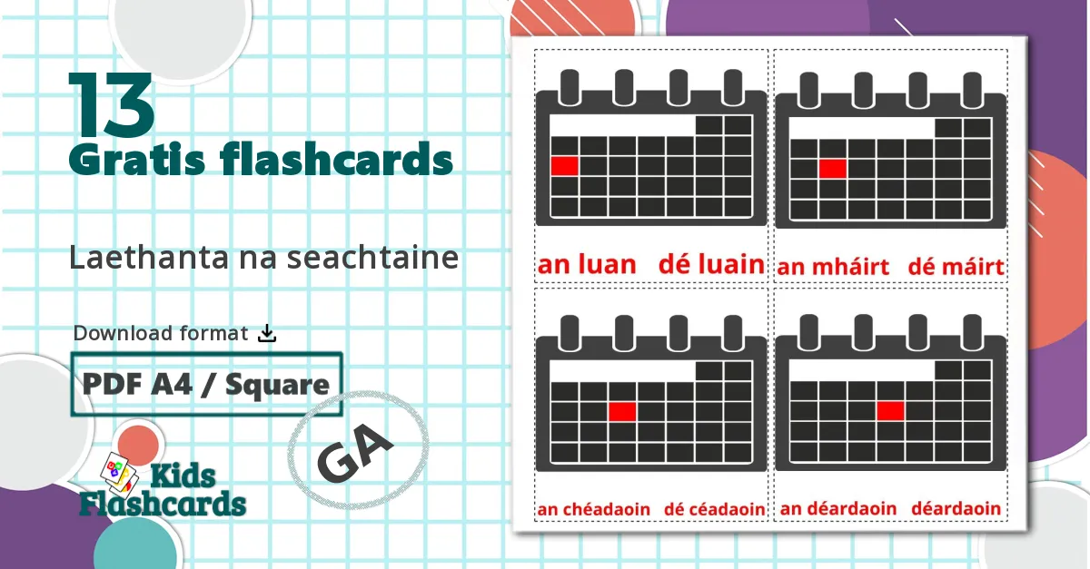 13 Laethanta na seachtaine billedkort for børn