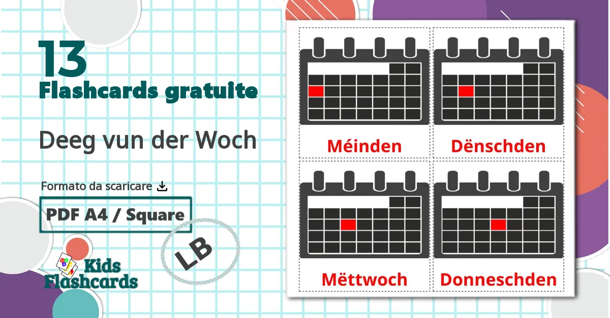 13 flashcards di Deeg vun der Woch