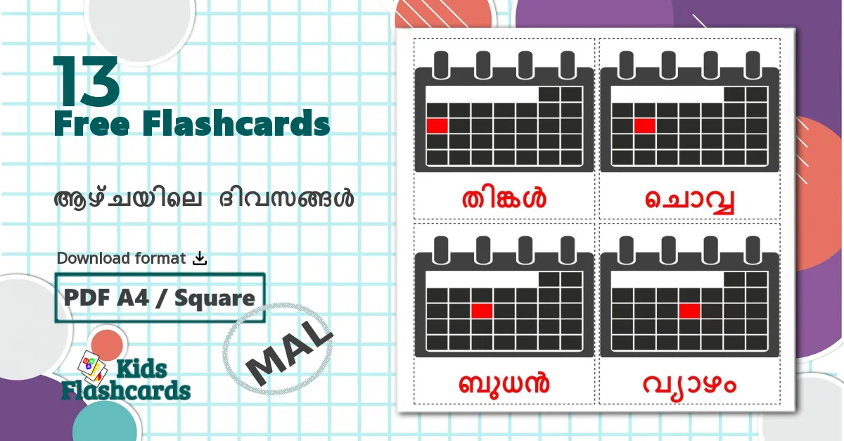 12 flashcards di ആഴ്ചയിലെ ദിവസങ്ങൾ