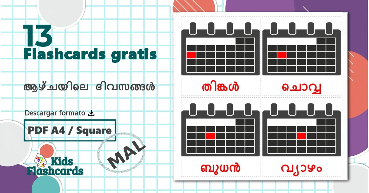 13 tarjetas didacticas de ആഴ്ചയിലെ ദിവസങ്ങൾ