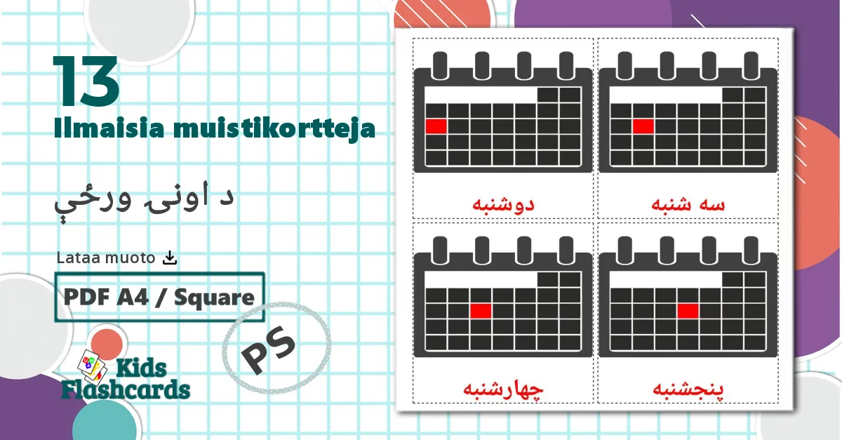 13 Viikonpäivät lasten kuvakortit