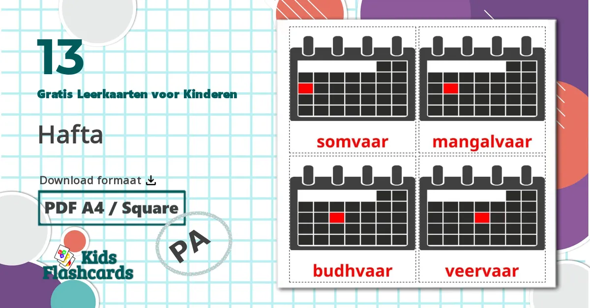 13 Dagen van de week Leerkaarten voor kinderen