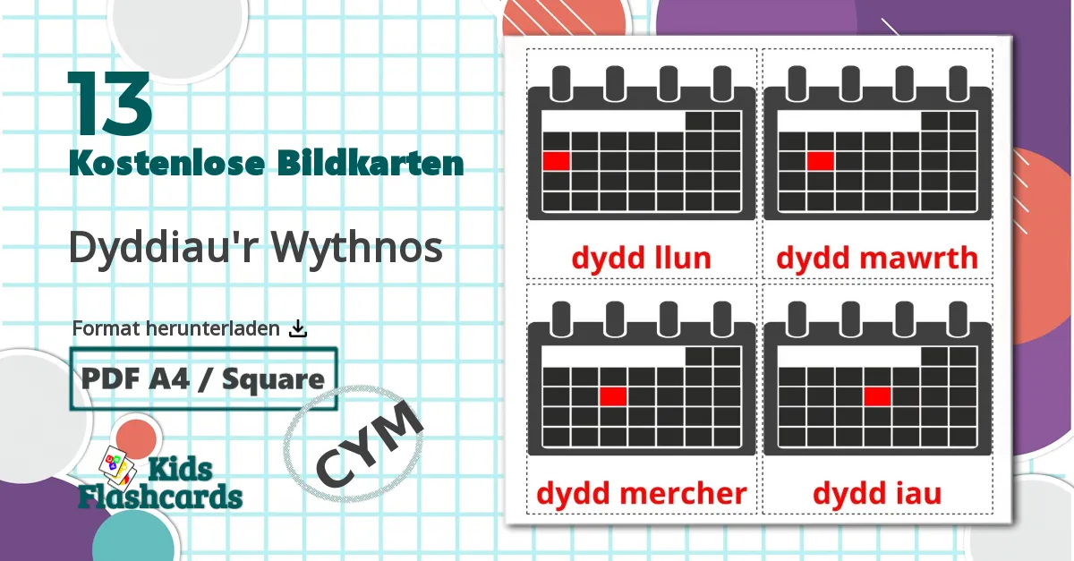 13 Bildkarten für Dyddiau'r Wythnos