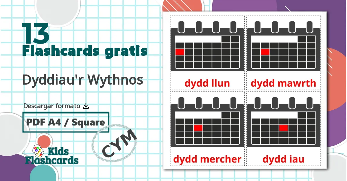 13 tarjetas didacticas de Dyddiau'r Wythnos