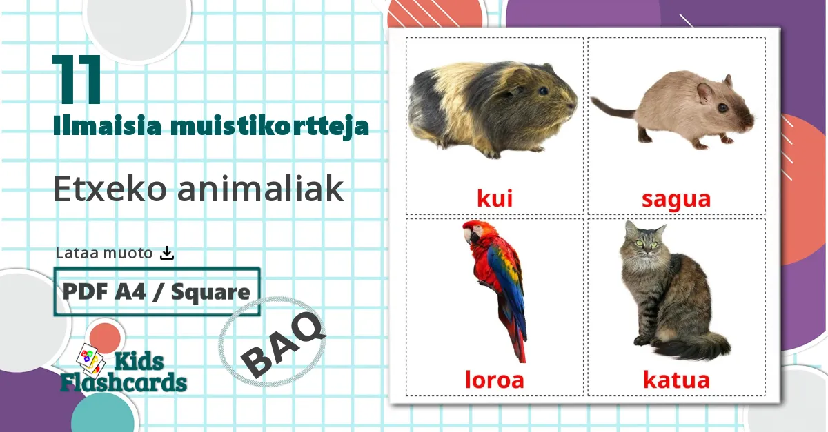 11 Etxeko animaliak lasten kuvakortit